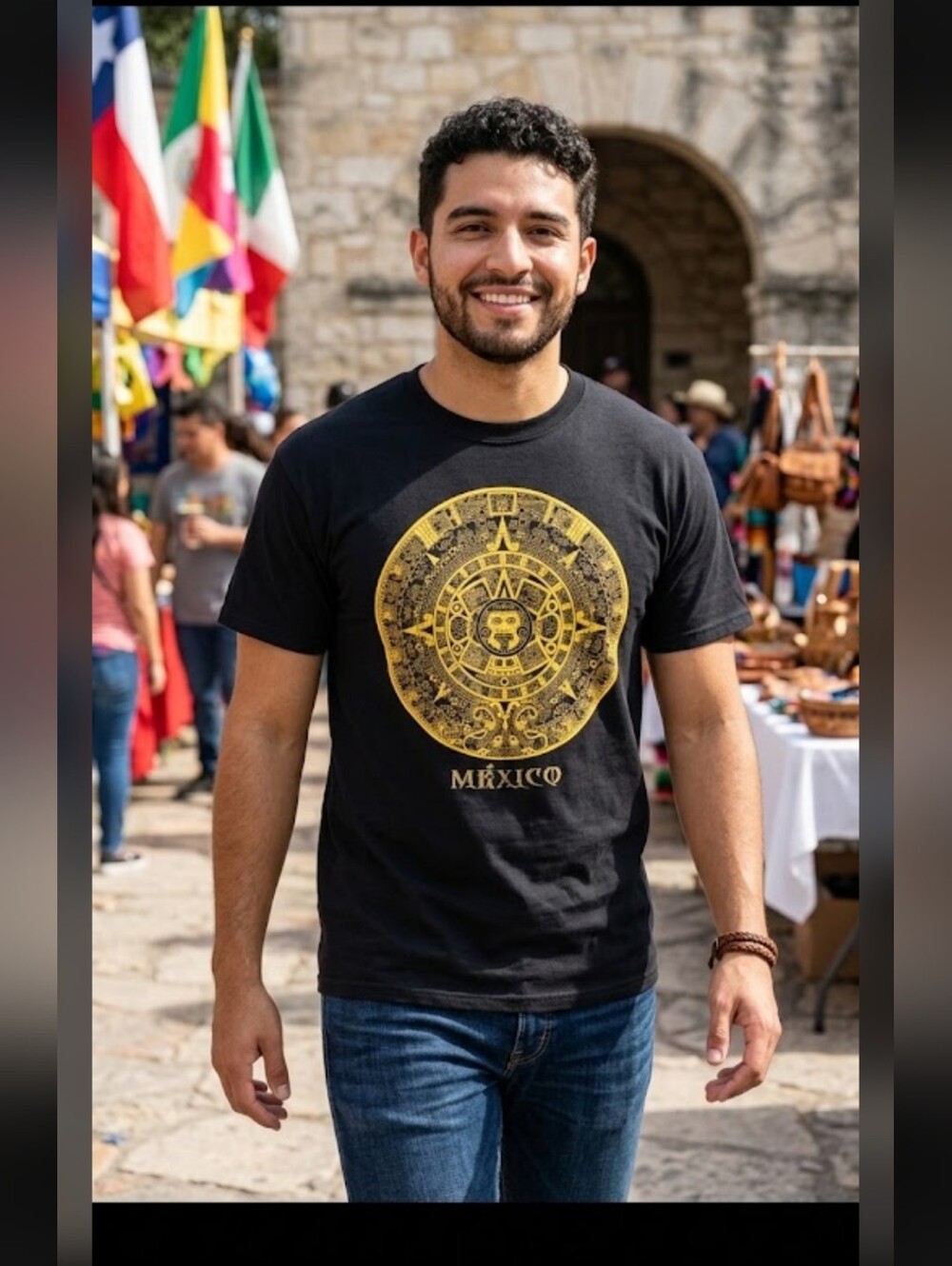 Yazbek Mexico Aztec Calendar Graphic T-Shirt Black XL NWT